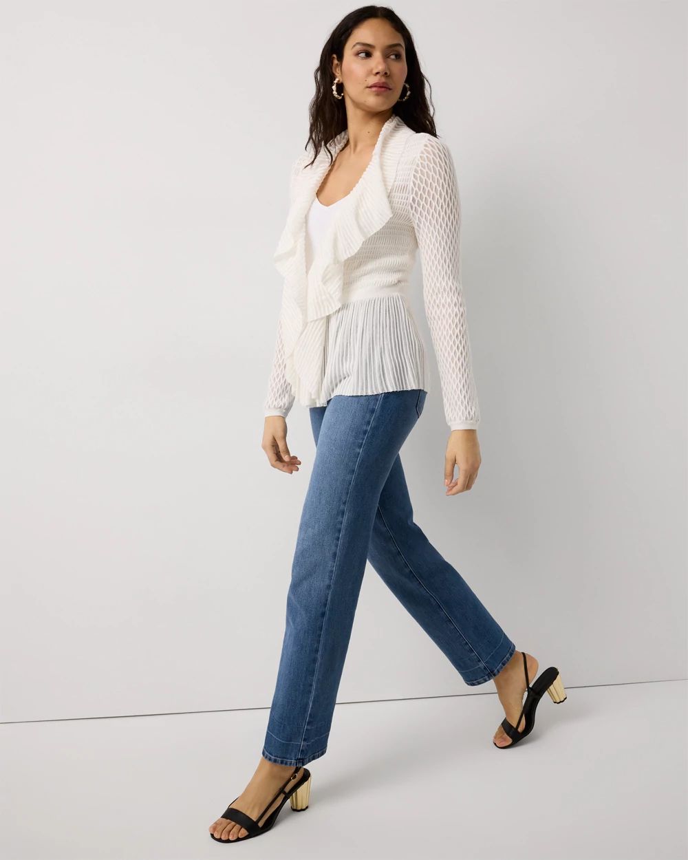 Petite Long Sleeve Pointelle Peplum Cardigan | White House Black